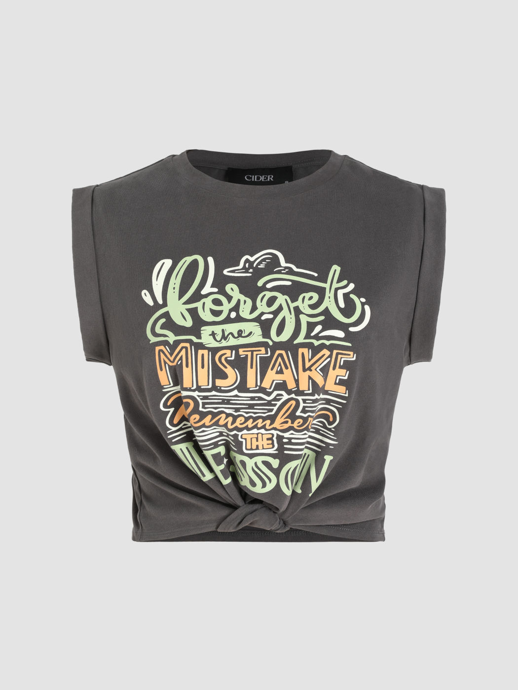 Round Neckline Graphic Knotted Crop Top