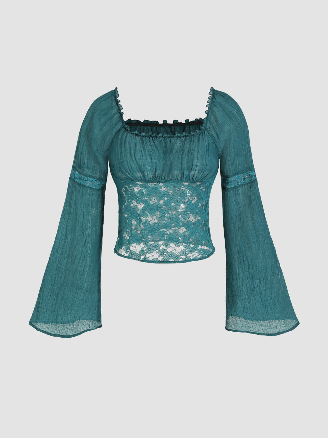  Bluse mit Blumenmuster und Glockenärmeln aus Spitze