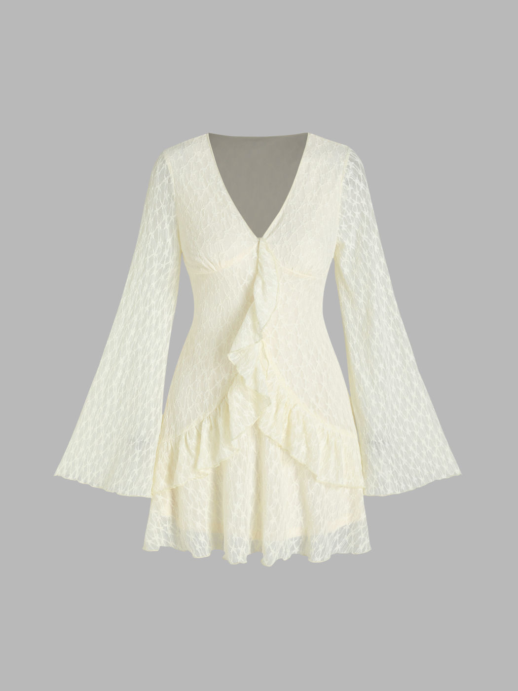 Minikleid aus Spitze mit V-Ausschnitt und Rüschensaum