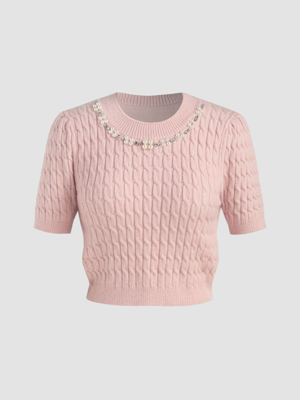 Knit Fabric Knit Round Neckline Faux Pearl & Rhinestone Decor Short Sleeve Top For Daily Casual