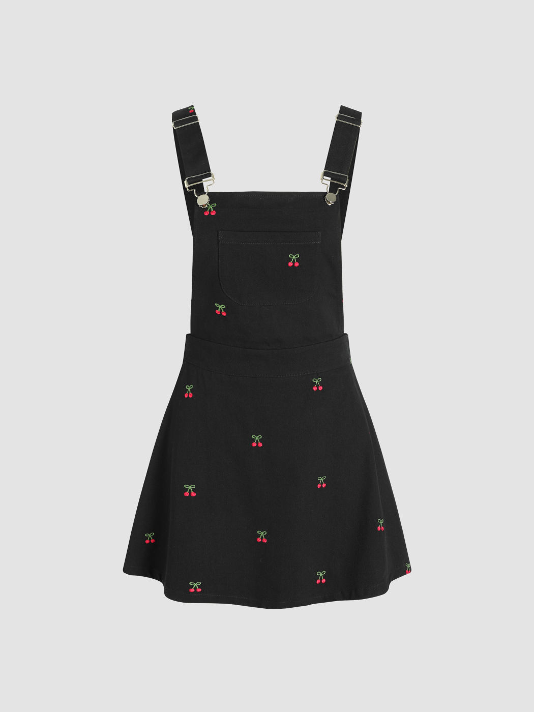 Cherry Embroidery Buckle Up Pocket Mini Dress