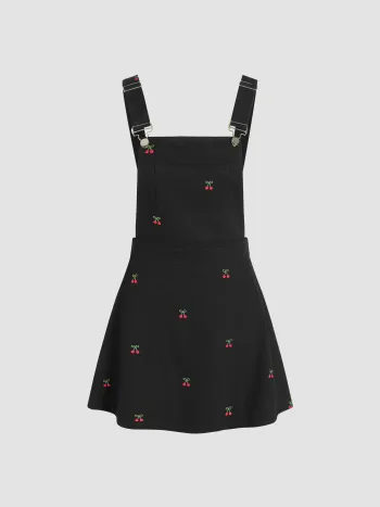 Kirschstickerei Schnallen-Taschen-Minikleid
