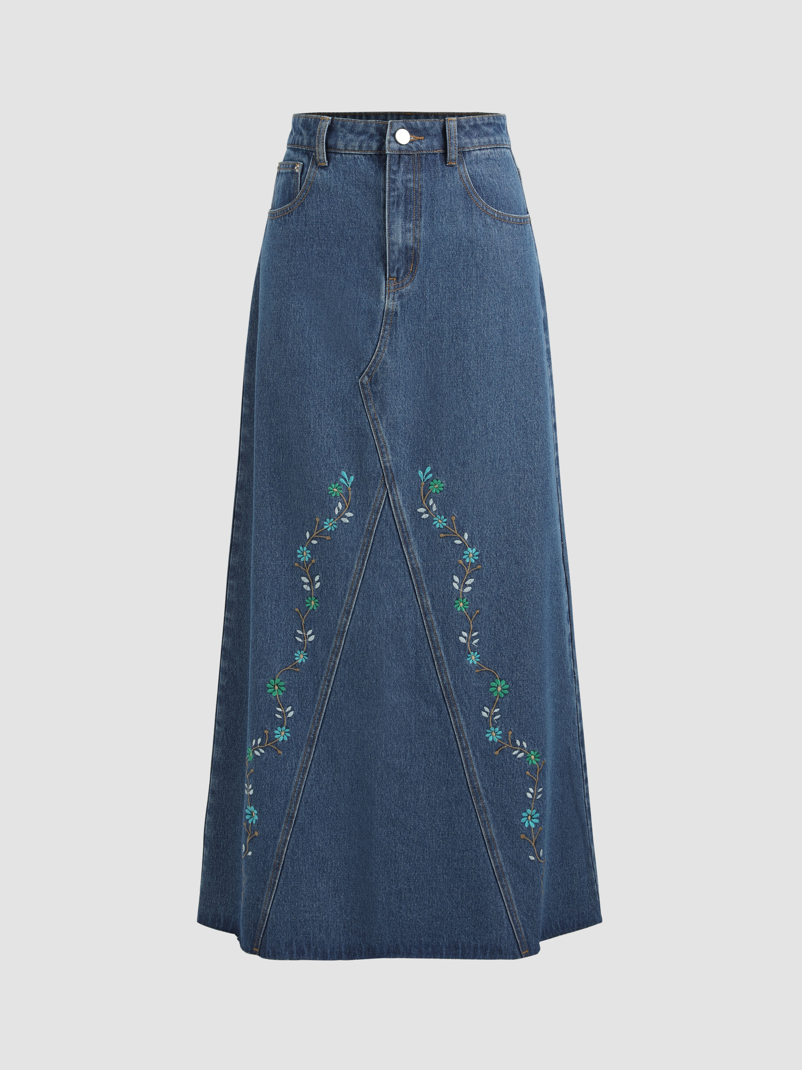 Denim Floral Embroidery Fringe Maxi Skirt - Cider