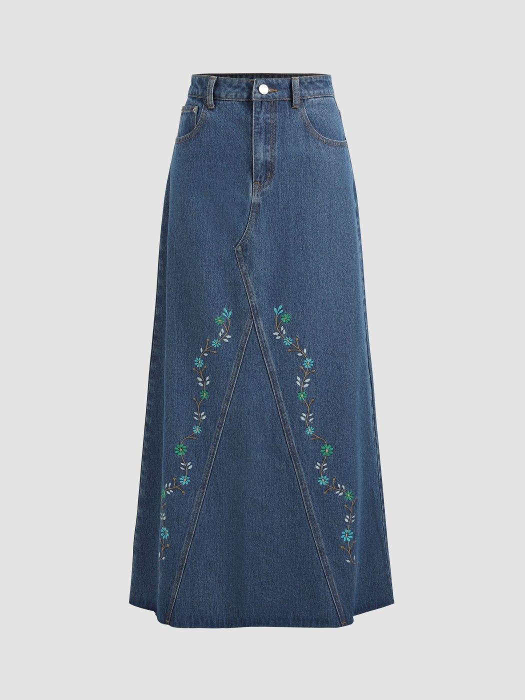 Denim Floral Embroidery Fringe Maxi Skirt For Daily Casual