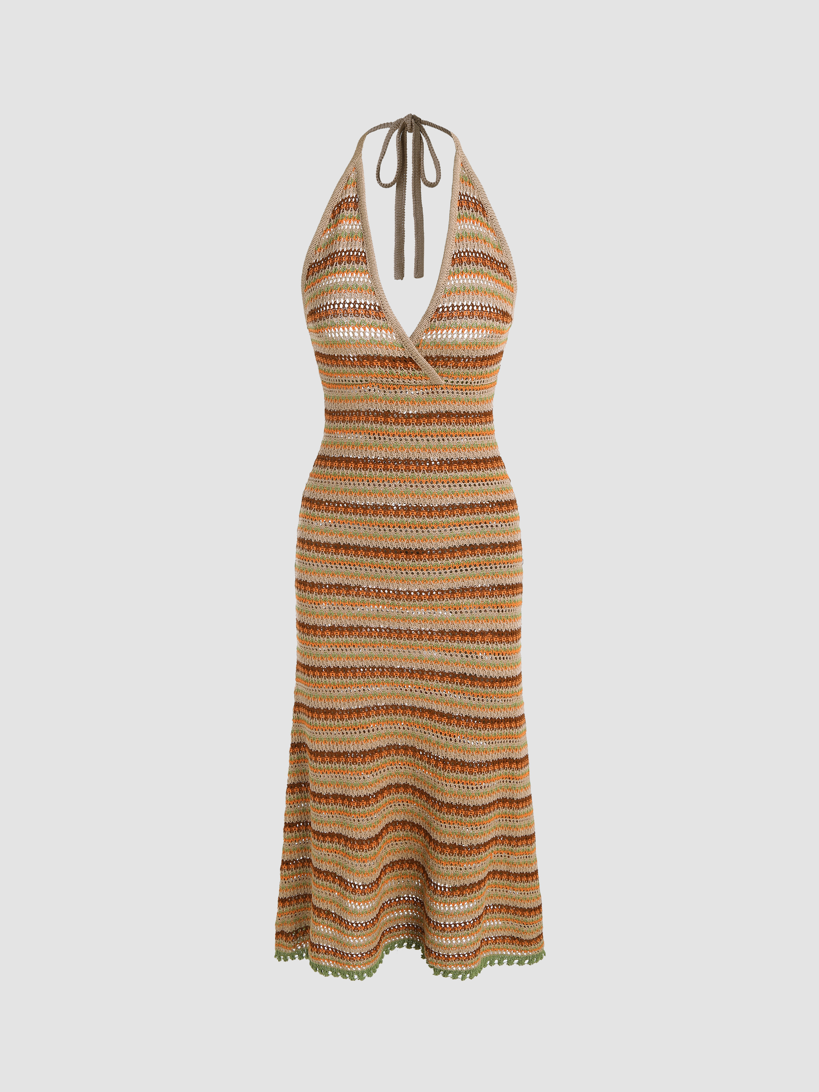 Knit Halter V-neck Striped Backless Midi Dress For Vacation