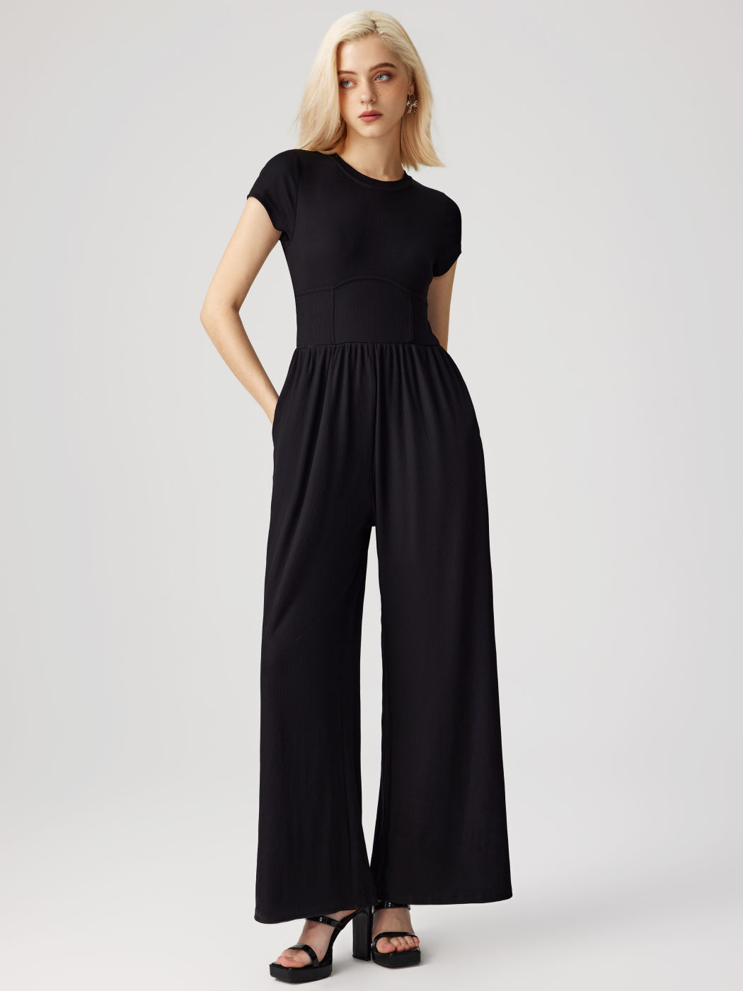 Round Neckline Ruched Wide Leg Jumpsuit