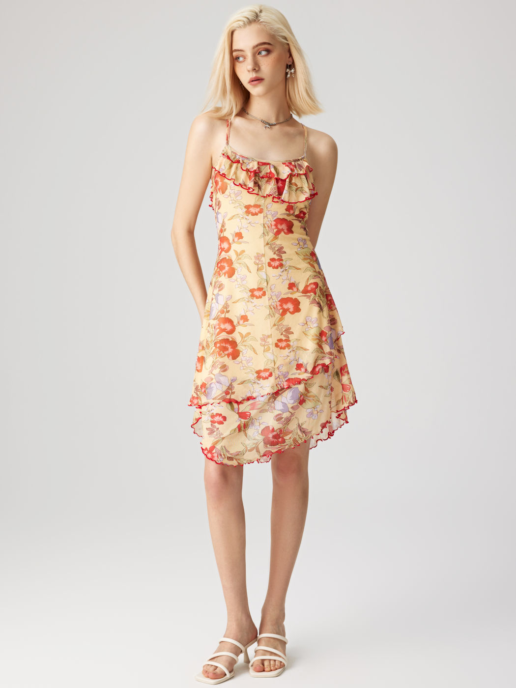 Sun Dresses Mesh Floral Ruffle Hem Criss Cross Mini Dress For Date Vacation