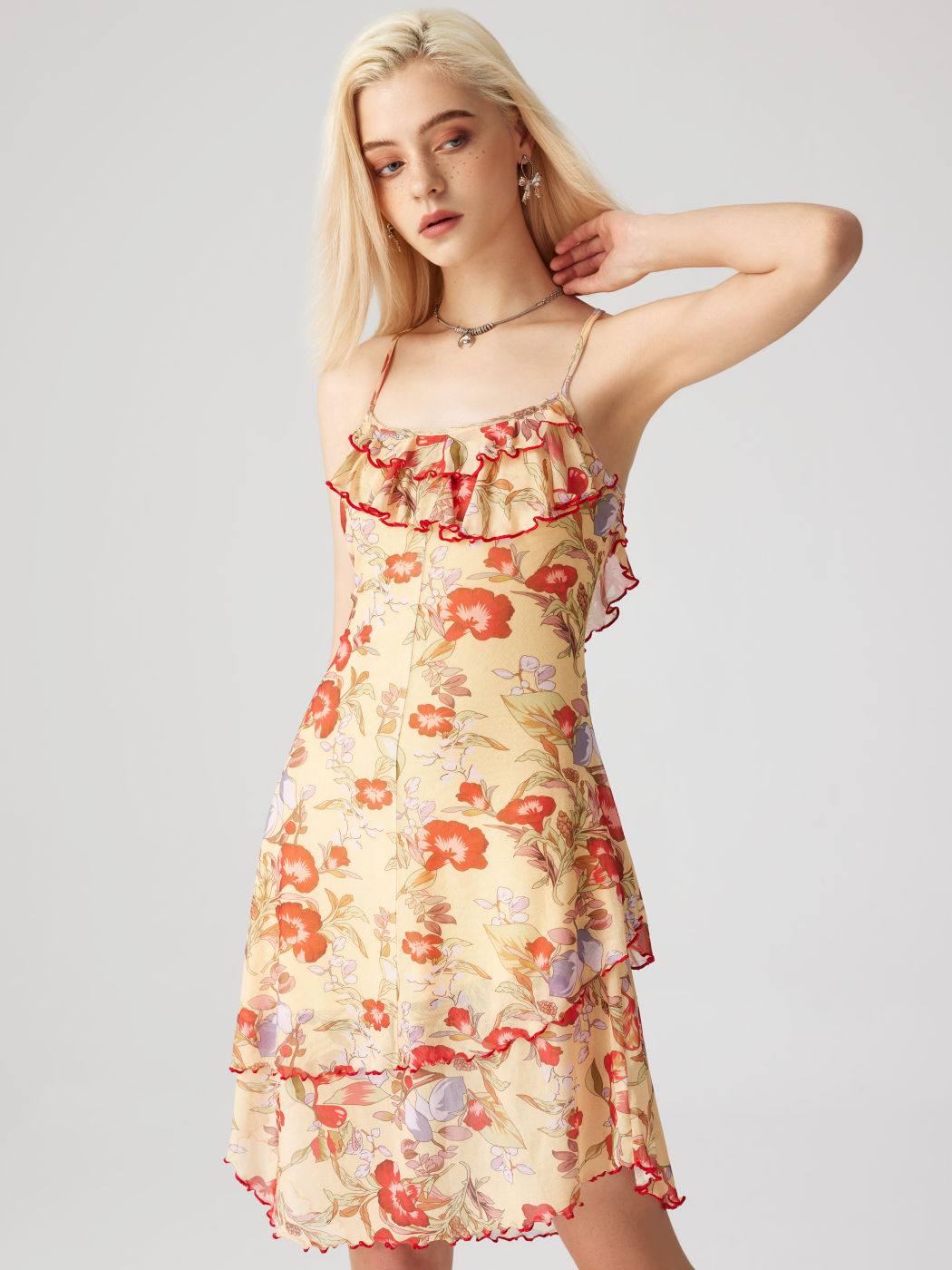 Sun Dresses Mesh Floral Ruffle Hem Criss Cross Mini Dress For Date Vacation