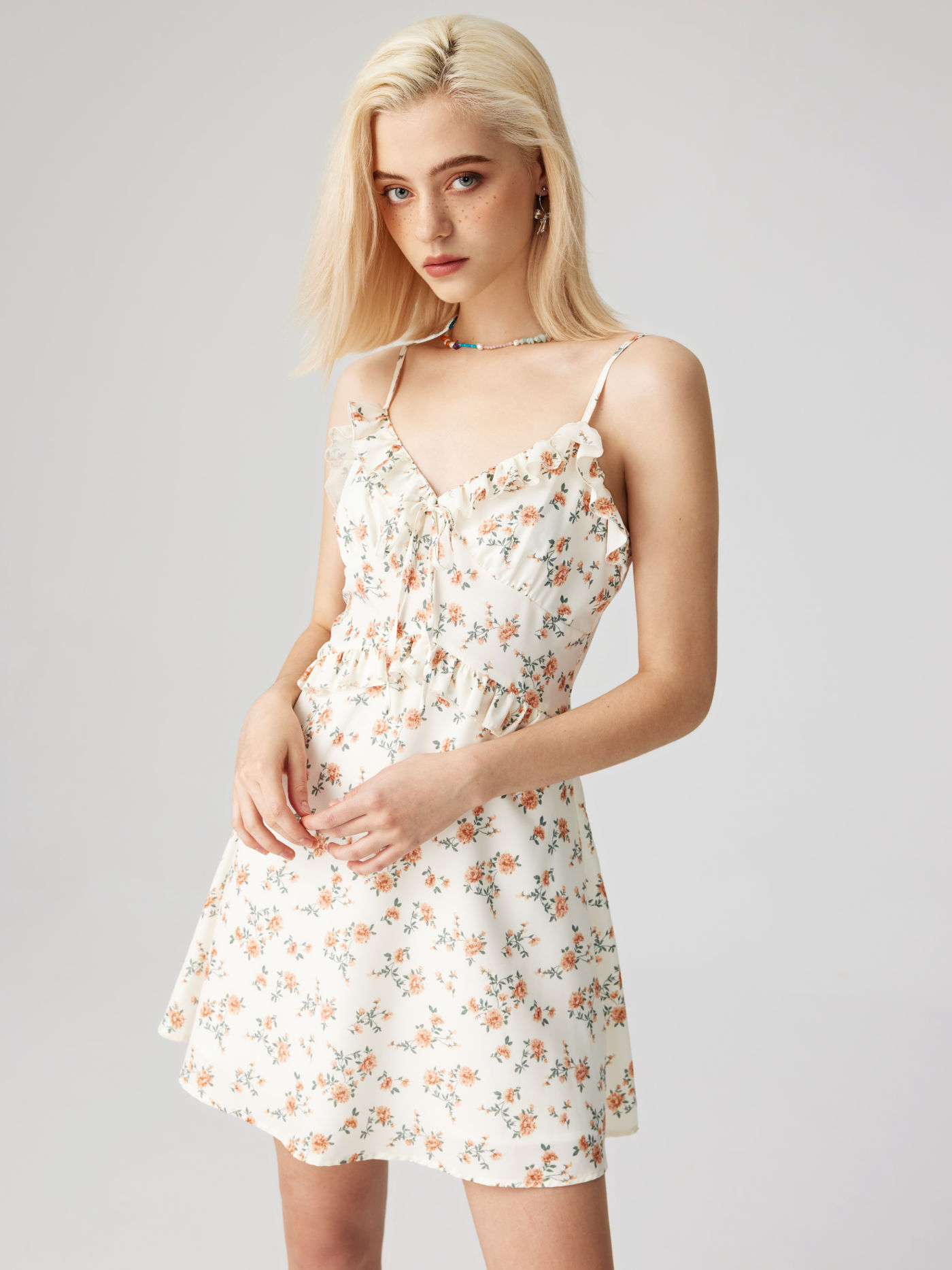 Floral Knotted Ruffle Hem Mini Dress