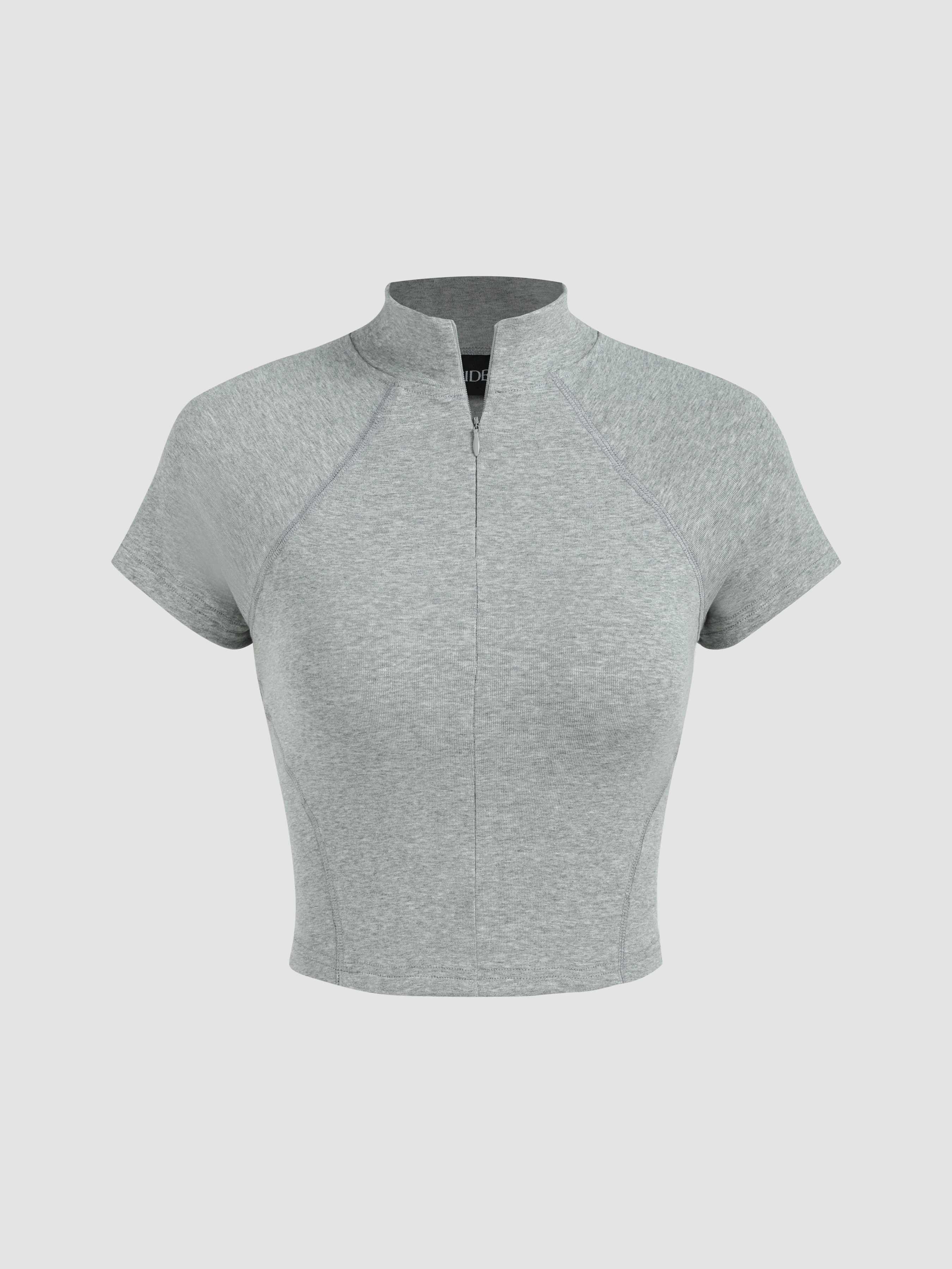 Stand Collar Zipper Up Short Sleeve Top For Daily Casual