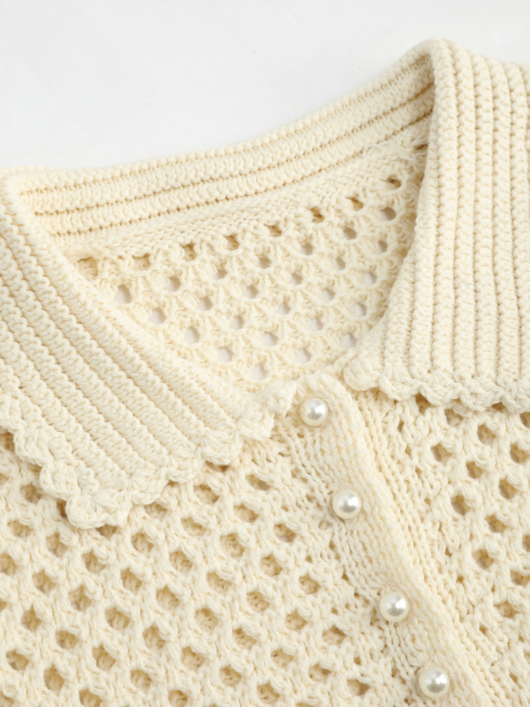 Polo Hollow Out Faux Pearl Knitted Top
