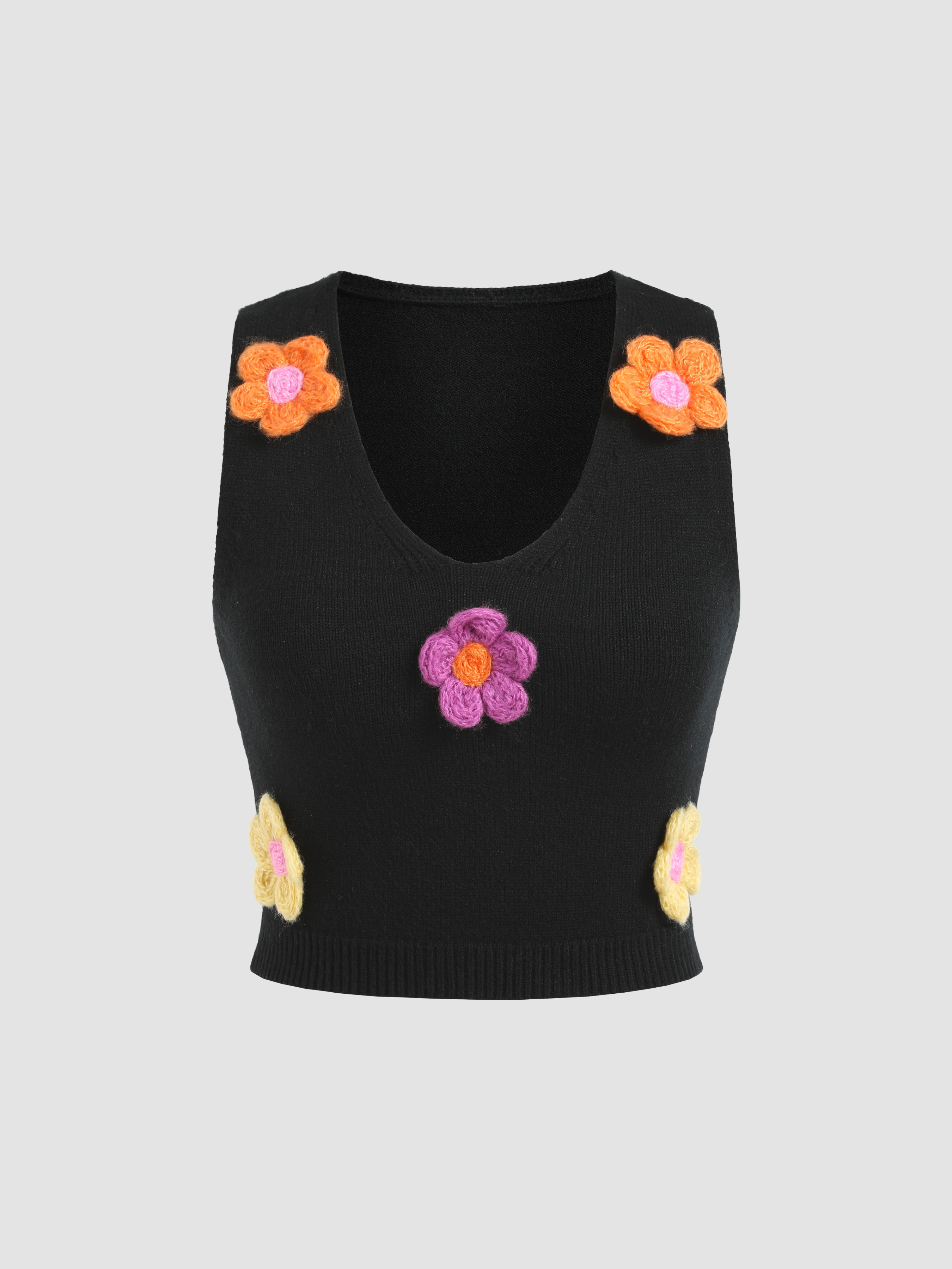 Flower V-neck Knit Crop Top For Daily Casual Picnic
