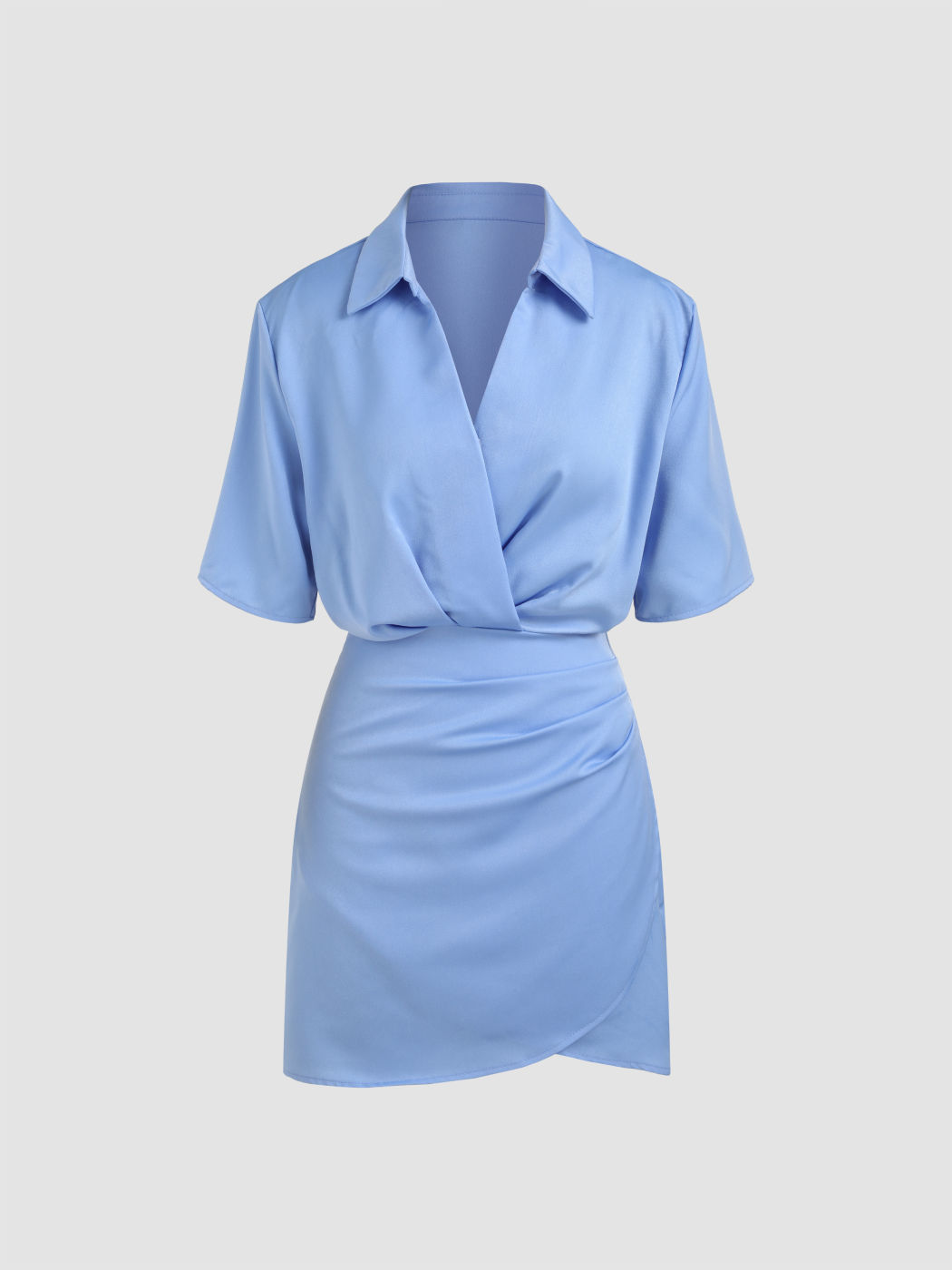 Solid Collar Ruched Midi Shirt Dress