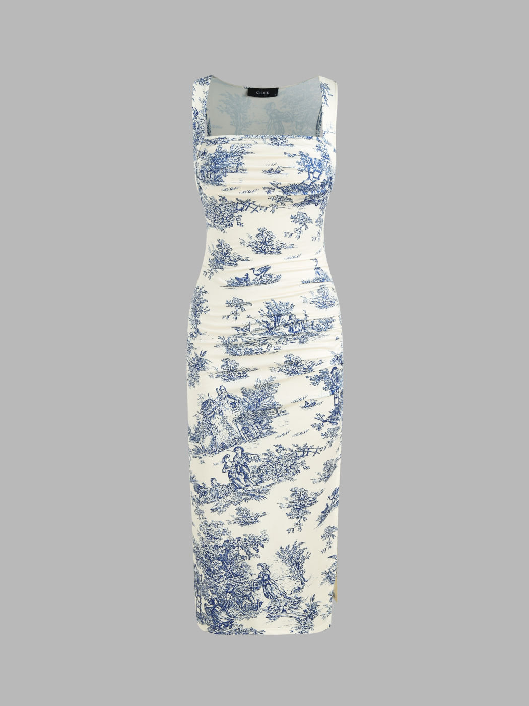 Toile de Jouy Rüschiges Schlitz-Maxikleid