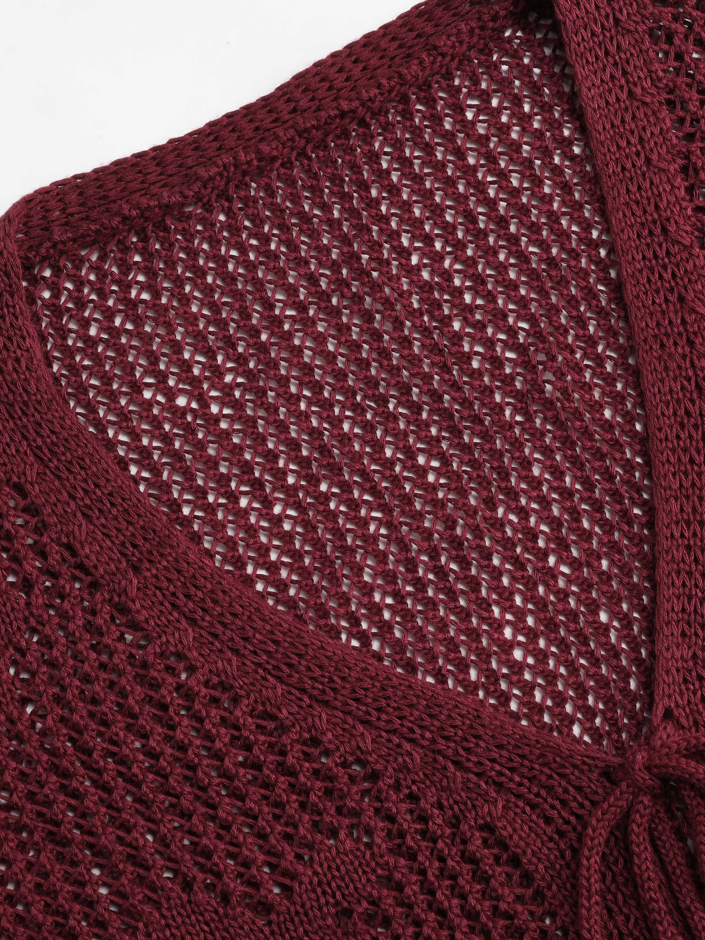 Solid Hollow Out Knit Knotted Cardigan