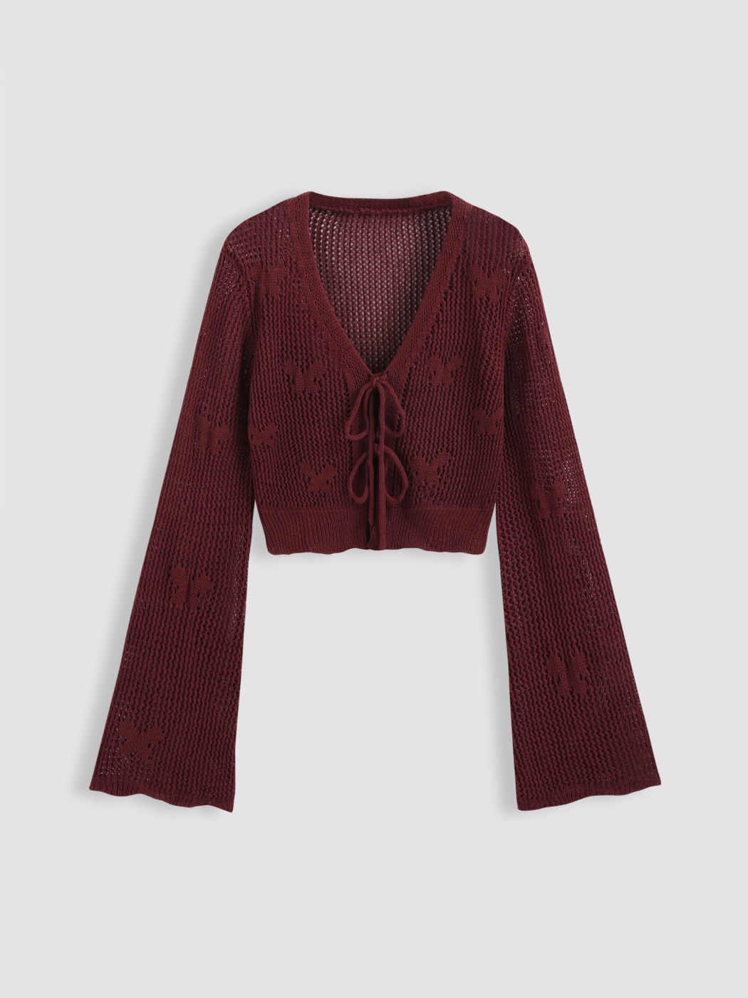 Solid Hollow Out Knit Knotted Cardigan