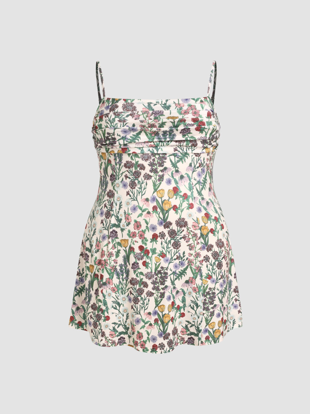 gerafftes Minikleid mit durchgehendem Blumenmuster Kurve & Plus