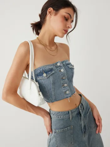 Top Tube Boutonné Froncé en Denim Stretch