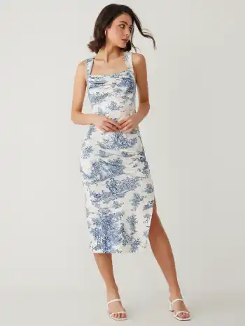 Toile de Jouy Ruched Split Maxi Dress
