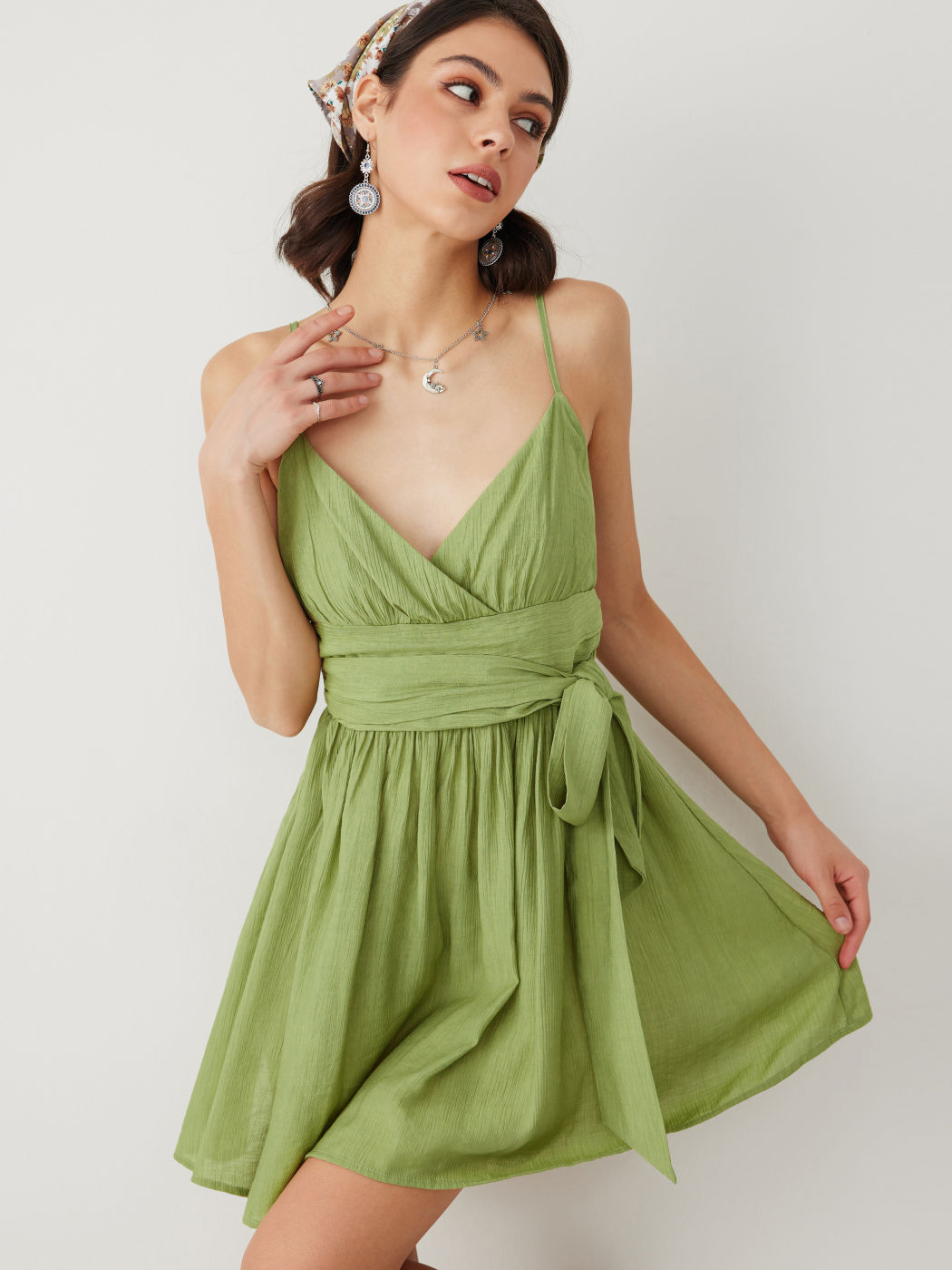 V-neck Knotted Ruffle Hem Mini Dress For Vacation