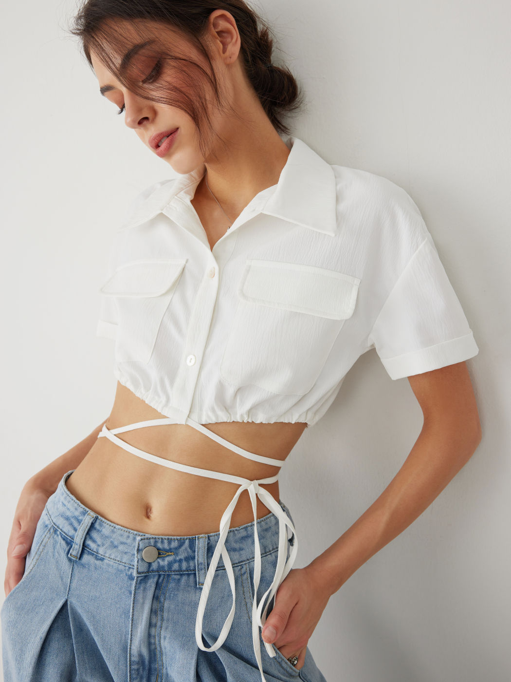  Kragenbindung Vorne Kurzarm Crop Bluse