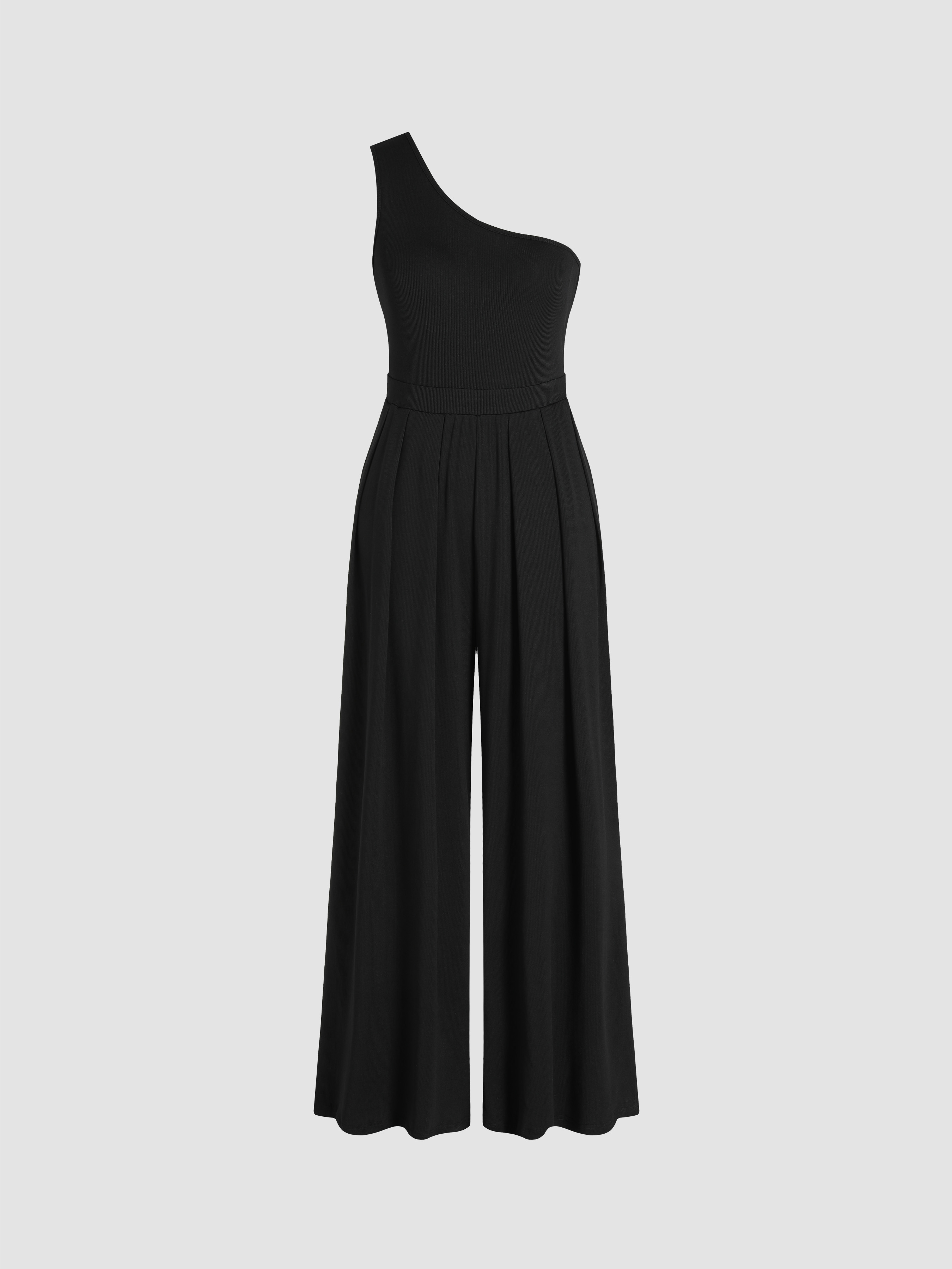 Knit Fabric Asymmetrical Neck Wide Leg Jumpsuit For Daily Casual 2672