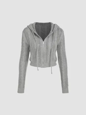 Knit Hooded Zipper Hollow Out Cardigan