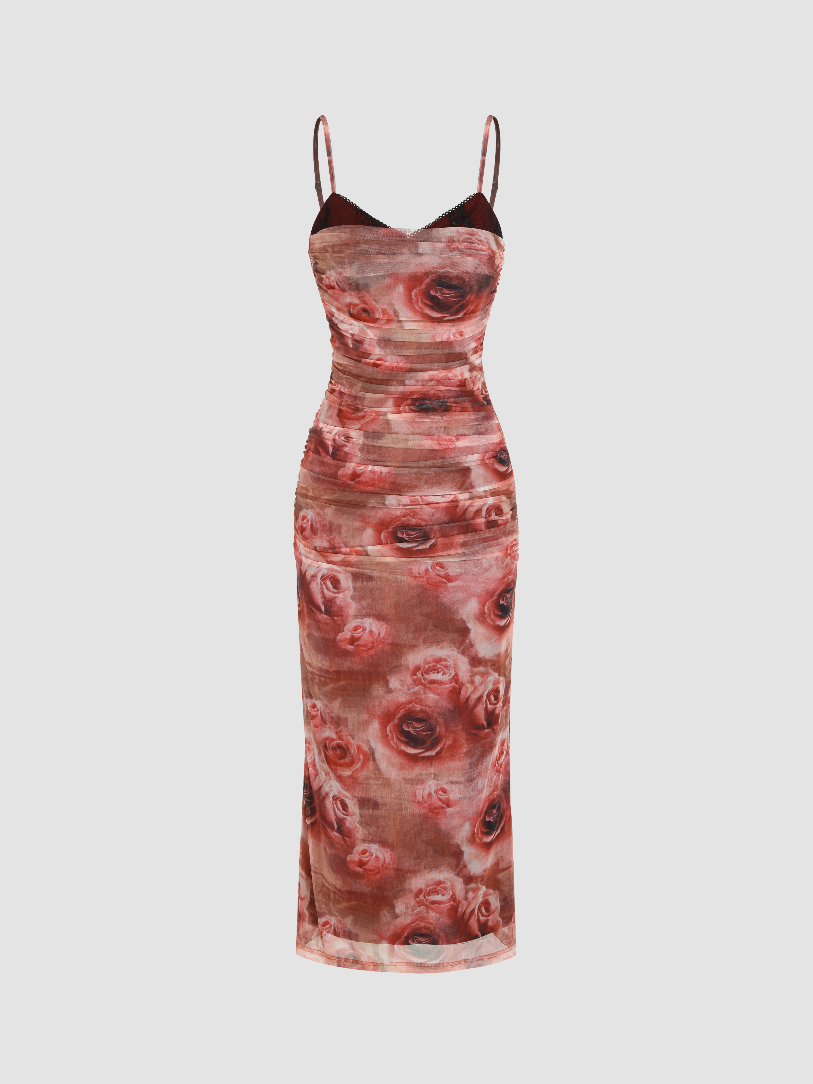 Ruched V-neck Floral Midi Dress - Cider