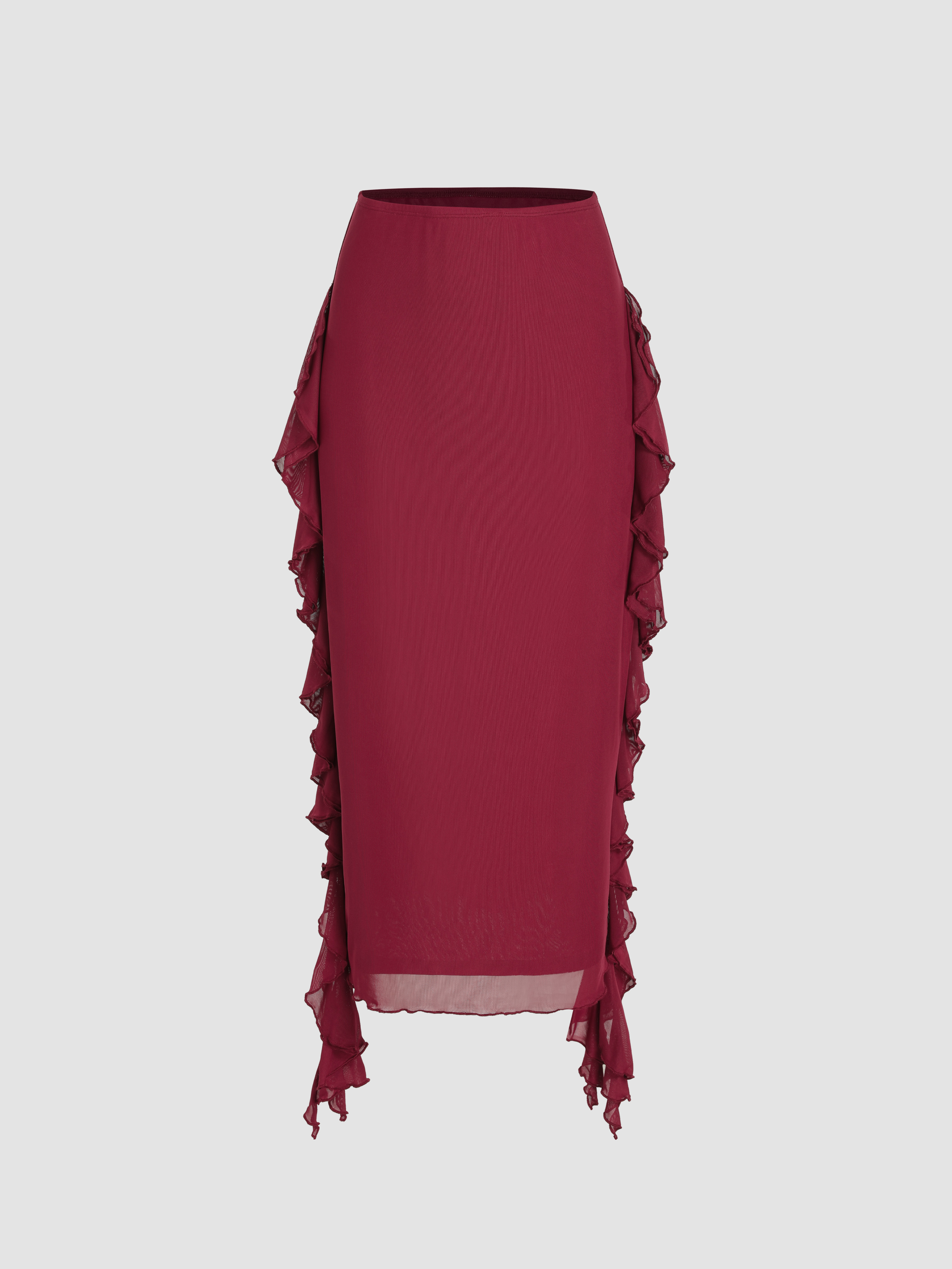 High-waisted ruffled patchwork mesh skirt