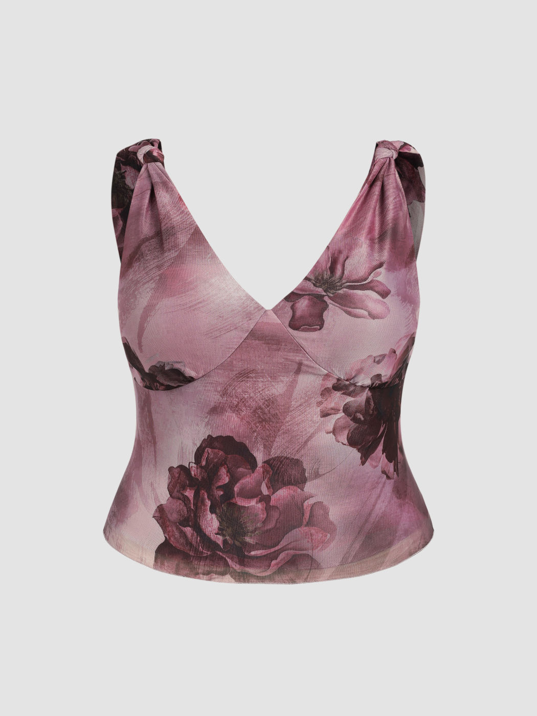 Mesh V-Ausschnitt Blumen ärmelloses Crop Top Kurve & Plus