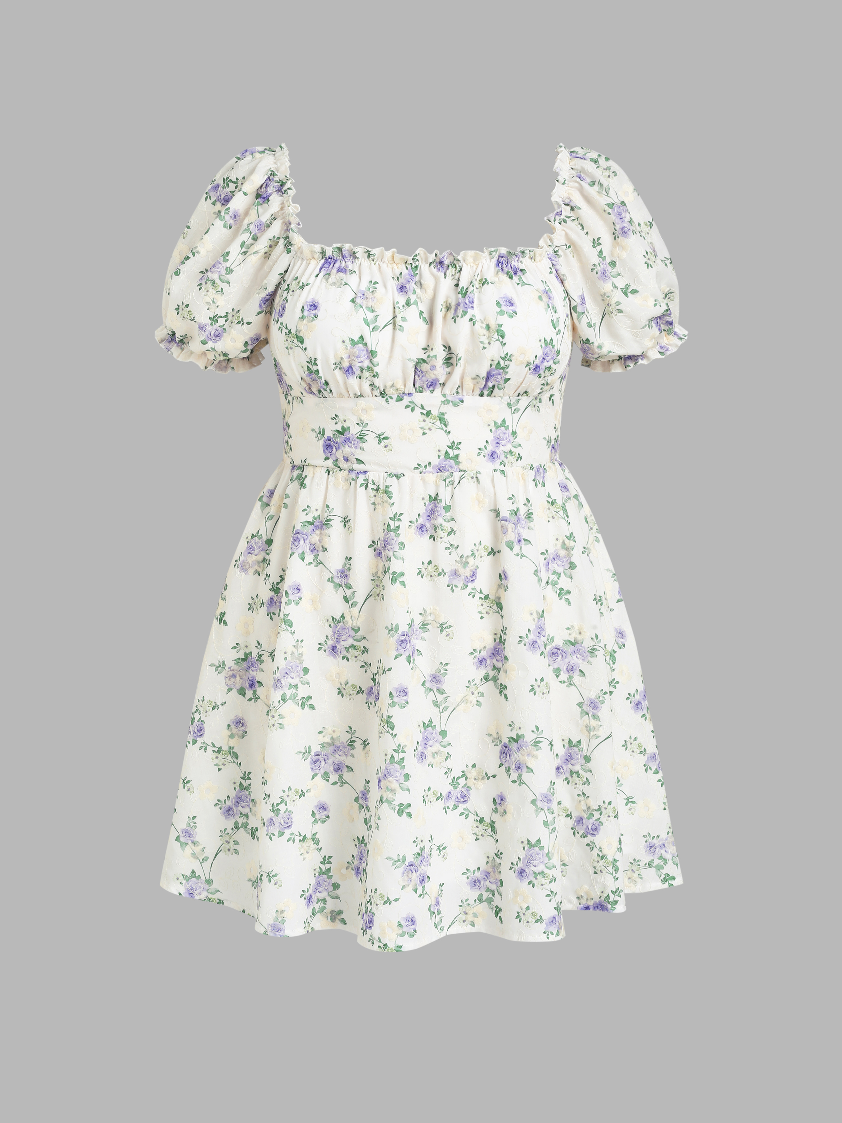 Floral Lettuce Trim Puff Sleeve Mini Dress For Date Vacation