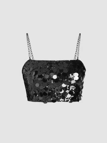 Sequin Zipper Up Crop Cami Top