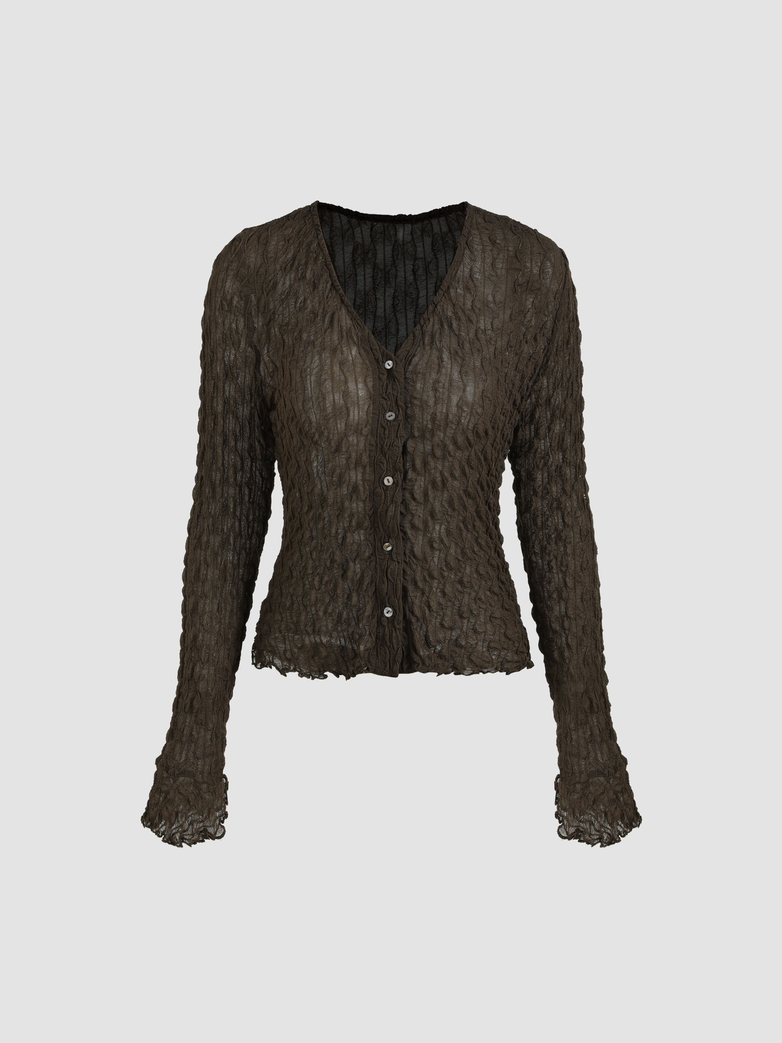 Solid Collar Texture Long Sleeve Top - Cider