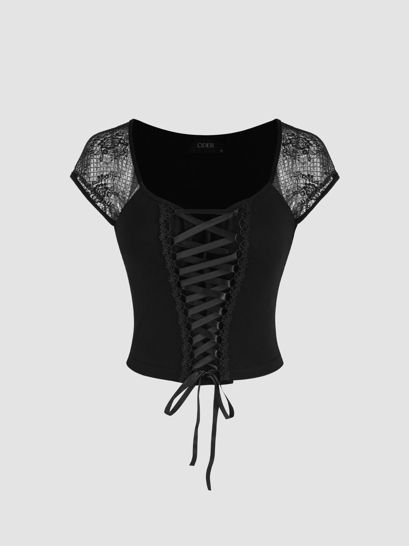 Mesh Sweetheart Solid Lace Up Short Sleeve Top