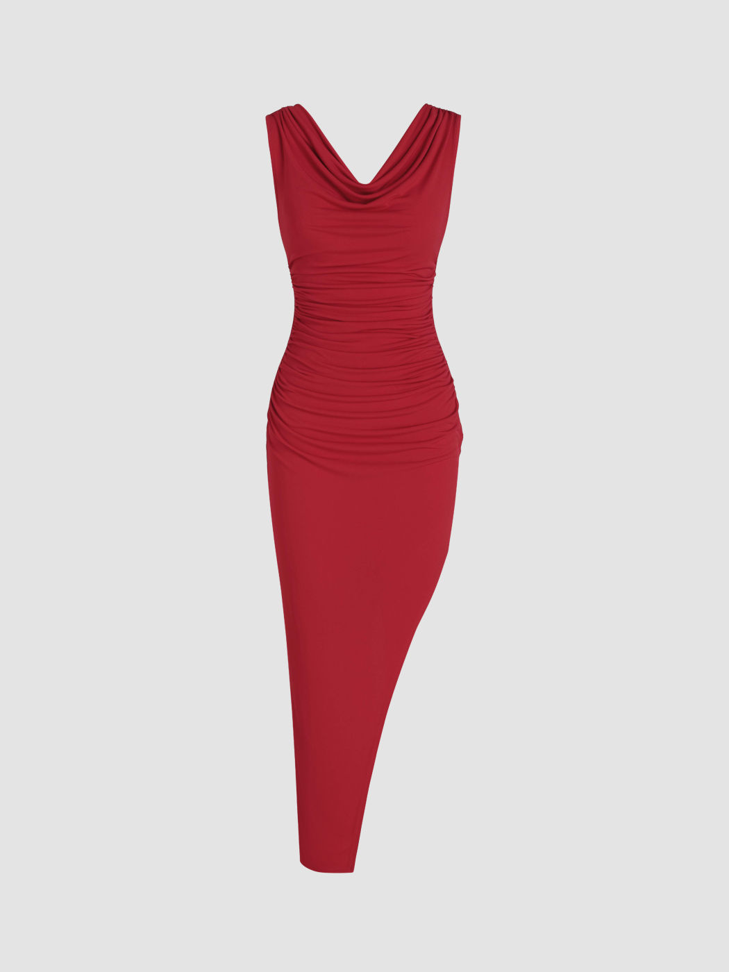 Geschlitztes, gerafftes Maxikleid mit Wasserfallausschnitt