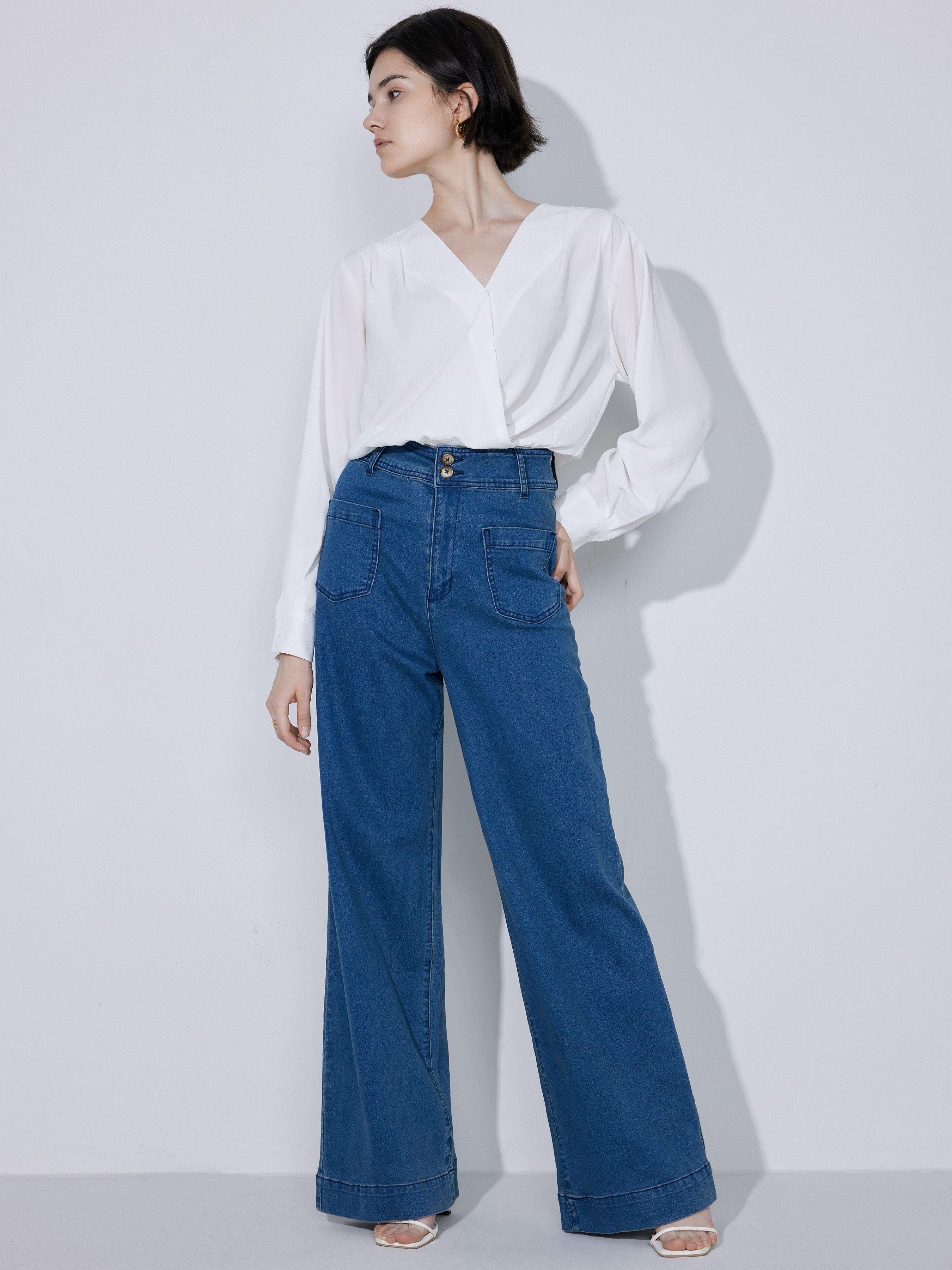 Chiffon V-neck Pleated Long Sleeve Bodysuit For Daily Casual