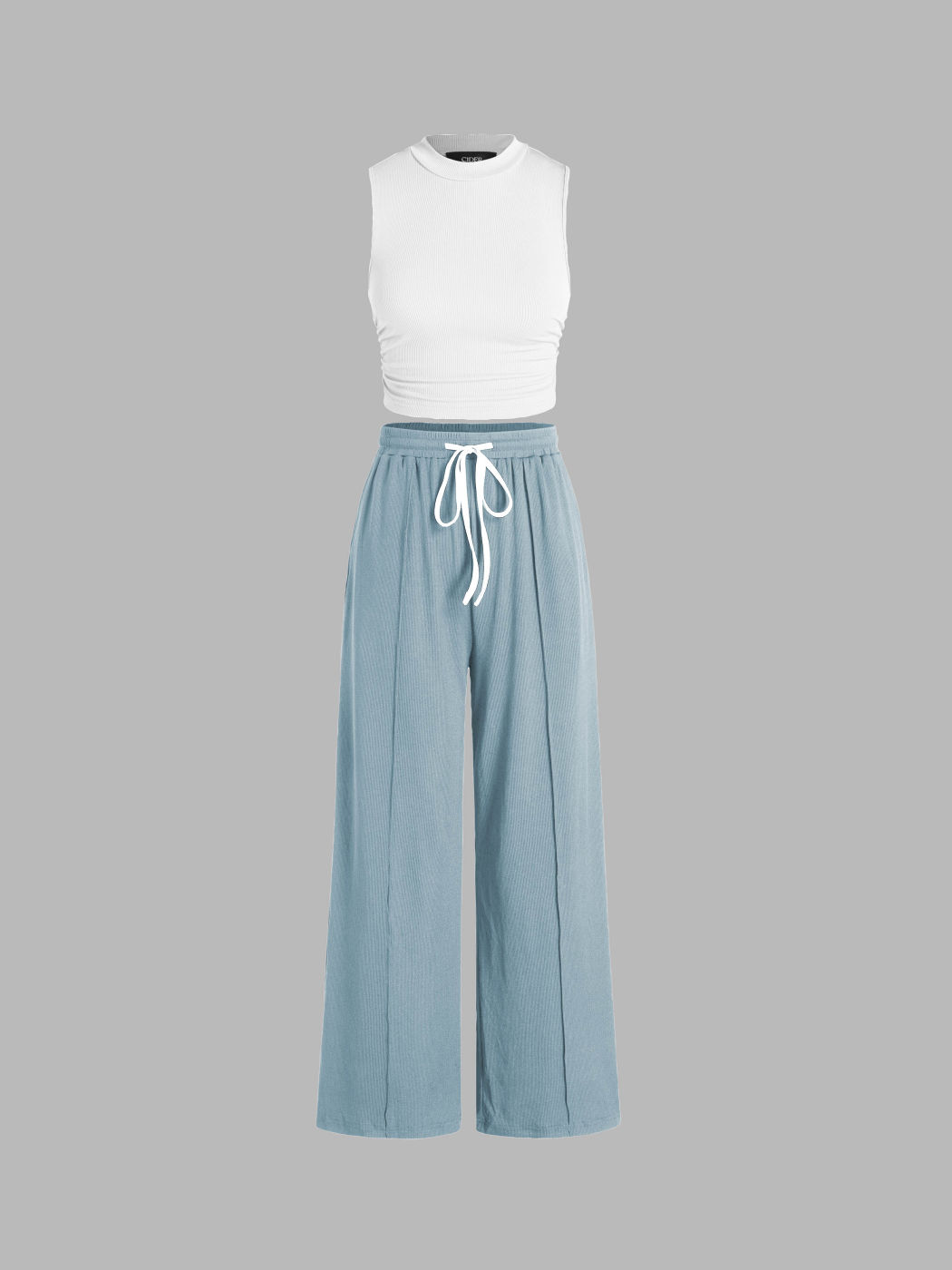 Set aus geriffeltem Tank Crop Top und elastischen, geknoteten Hosen