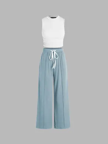 Ruched Tank Crop Top & Elastic Waist Knotted Trousers Set
