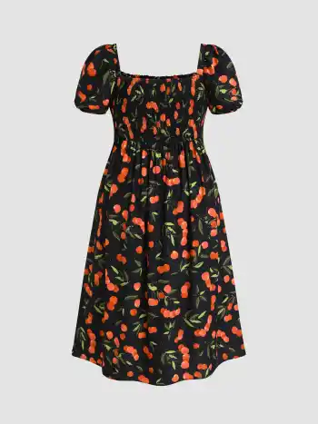 Fruchtmotivierte Midikleid mit quadratischem Hals und Ballonsärmeln Kurve & Plus