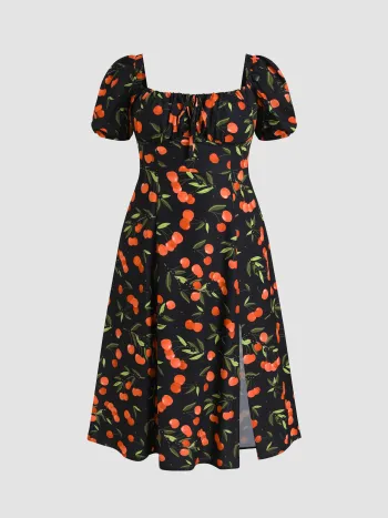 Fruchtmotivierte Midikleid mit quadratischem Hals und Ballonsärmeln Kurve & Plus