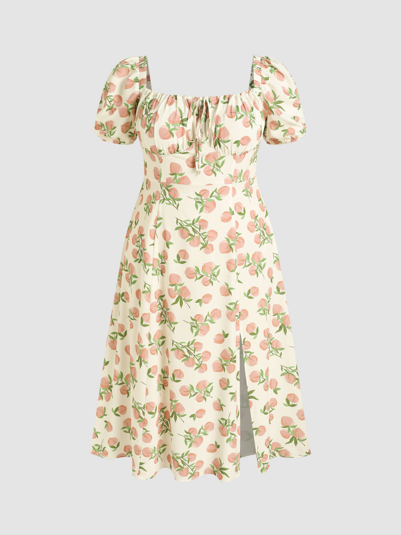 Woven Fruit Square Neck Puff Sleeve Midi Dress Curve & Plus For Daily Casual Date