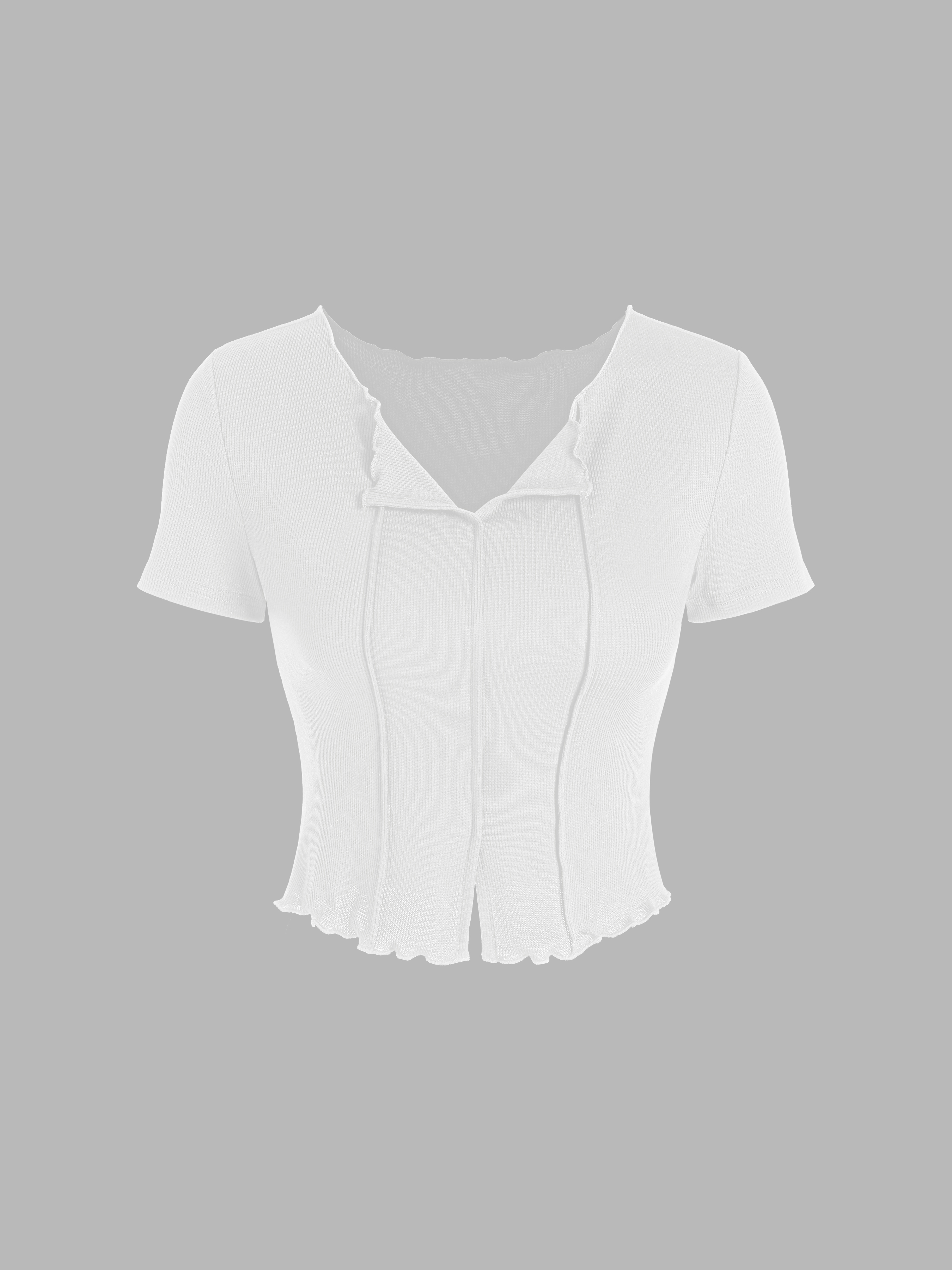 Knit Fabric Knit V-neck Lettuce Trim Short Sleeve Top For