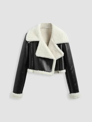 Fleece Drop Shoulder Zipper Biker Crop Jacket