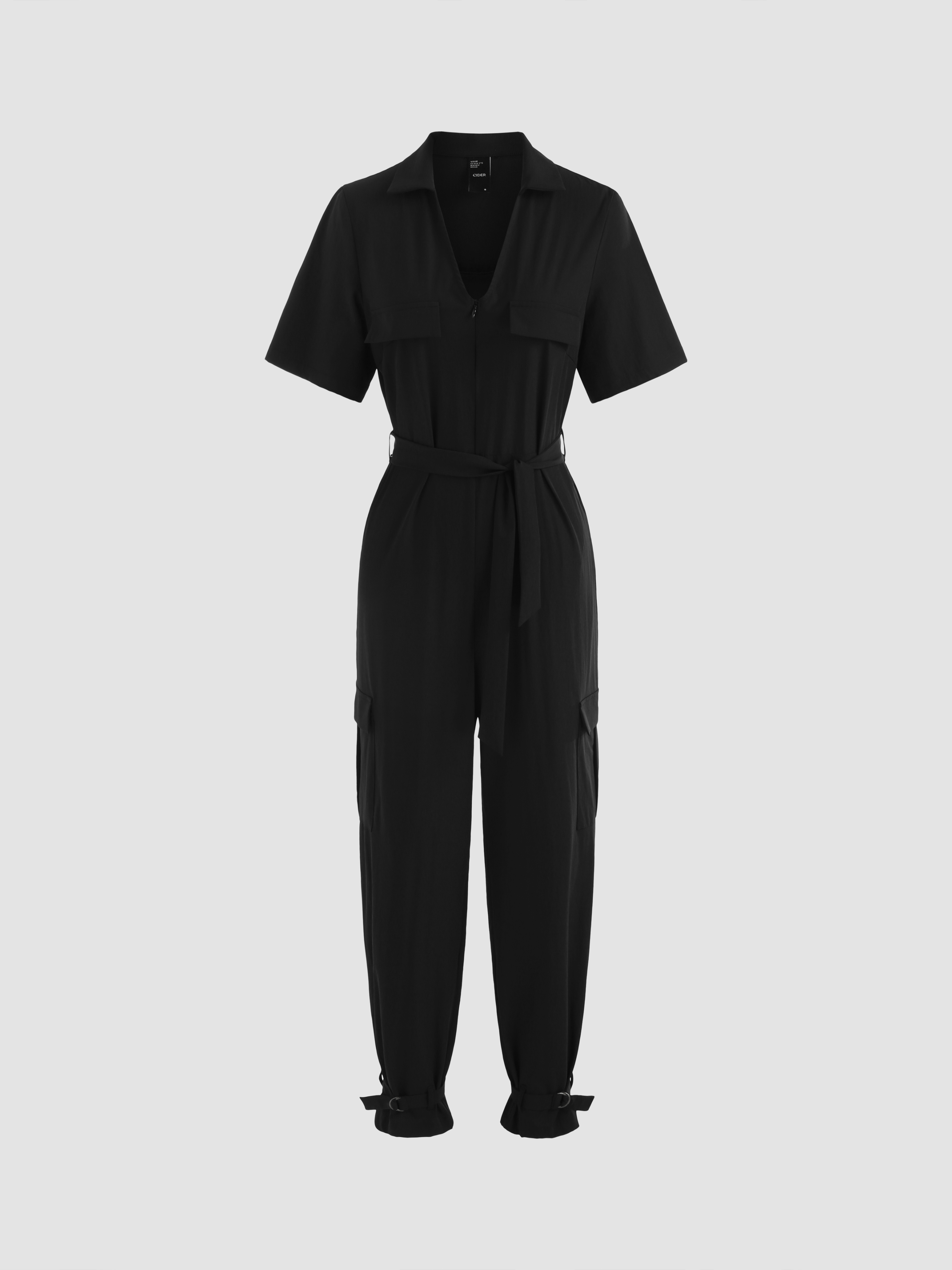 Solid Collar Belted Jogger Jumpsuit Cider