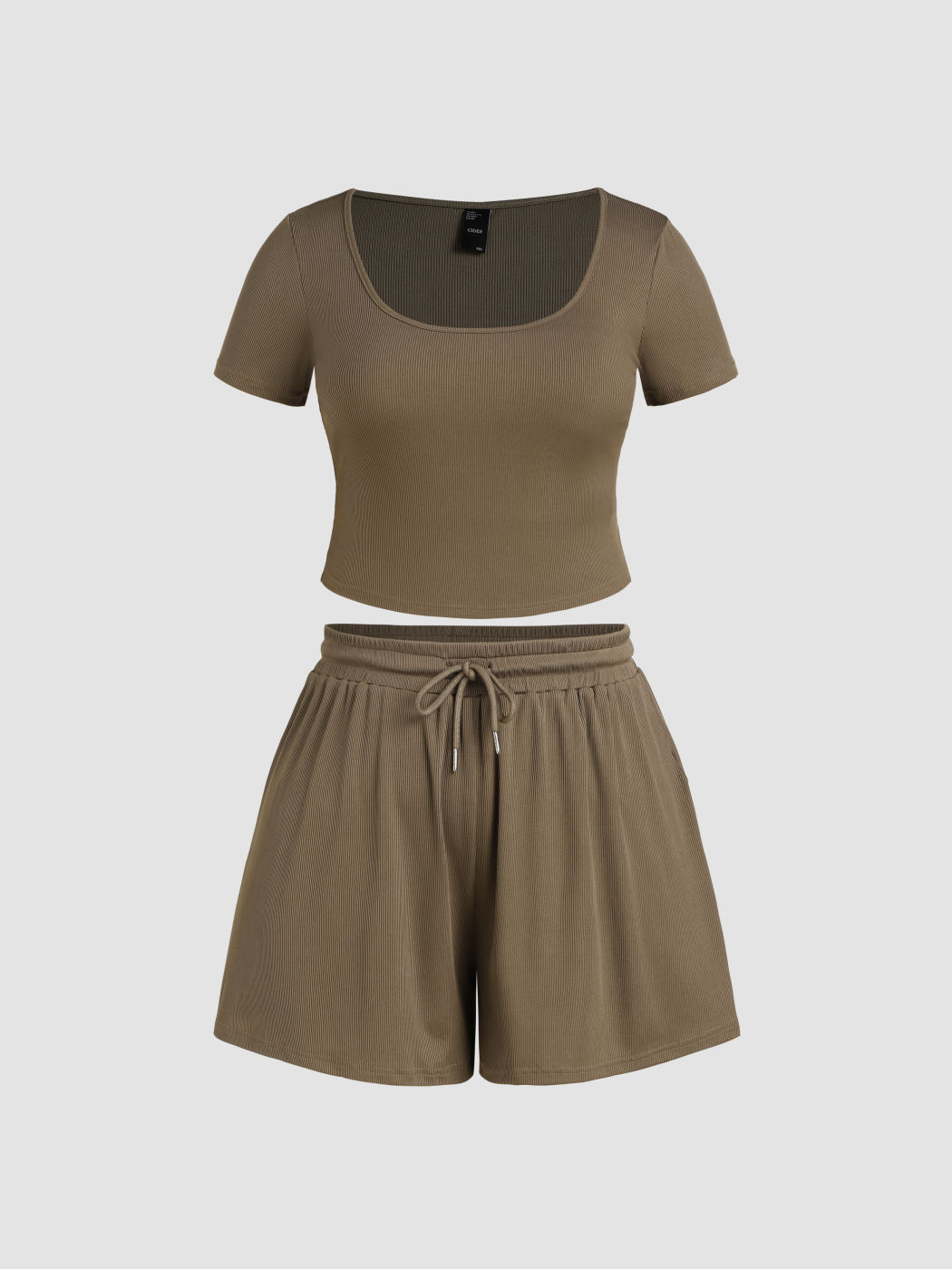  Rippen U-Ausschnitt Kurzarm Crop Top & Schnürung Weite Bein Shorts Kurve & Plus