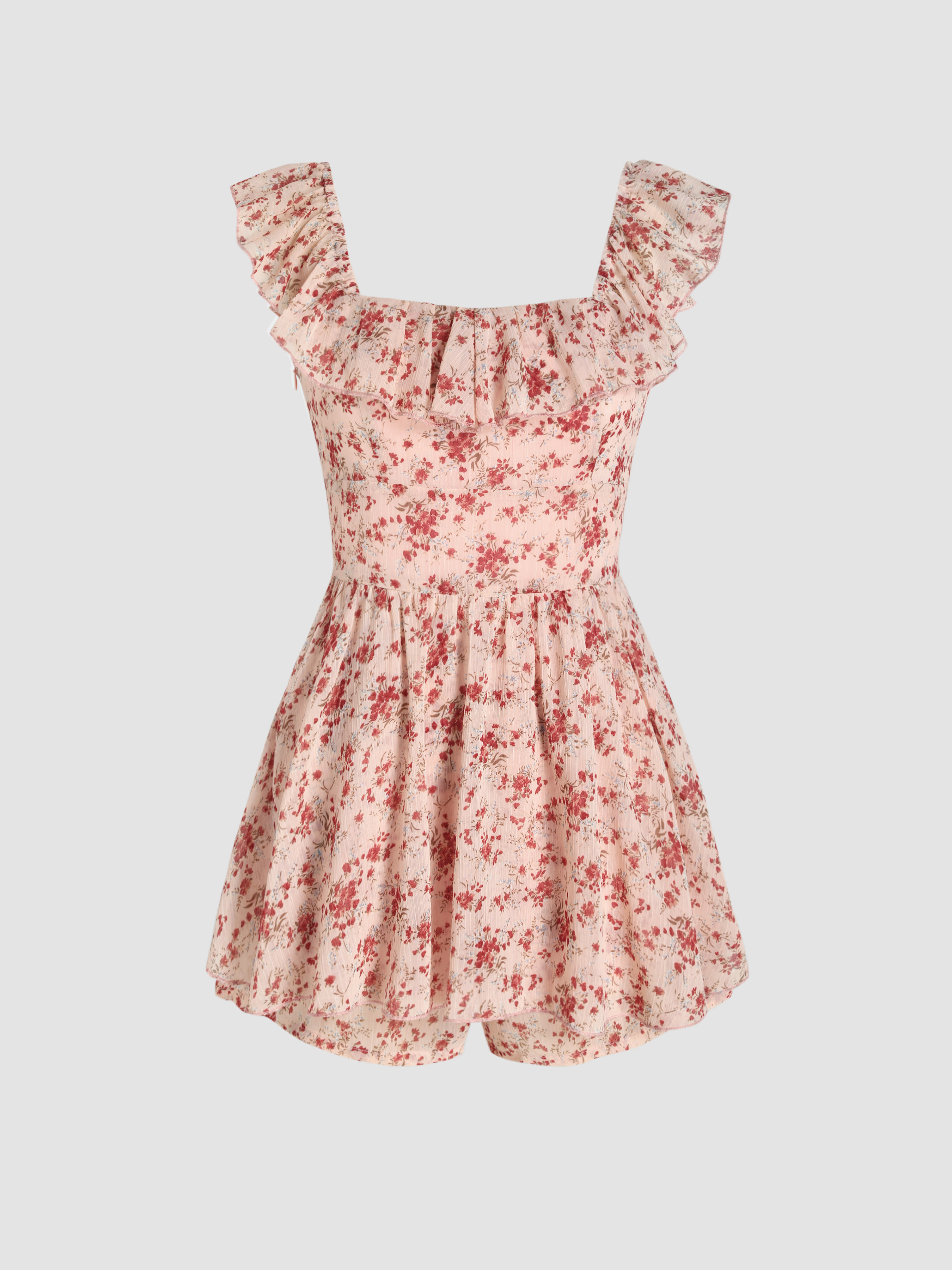 Floral Ruffle Square Neck Romper Cider