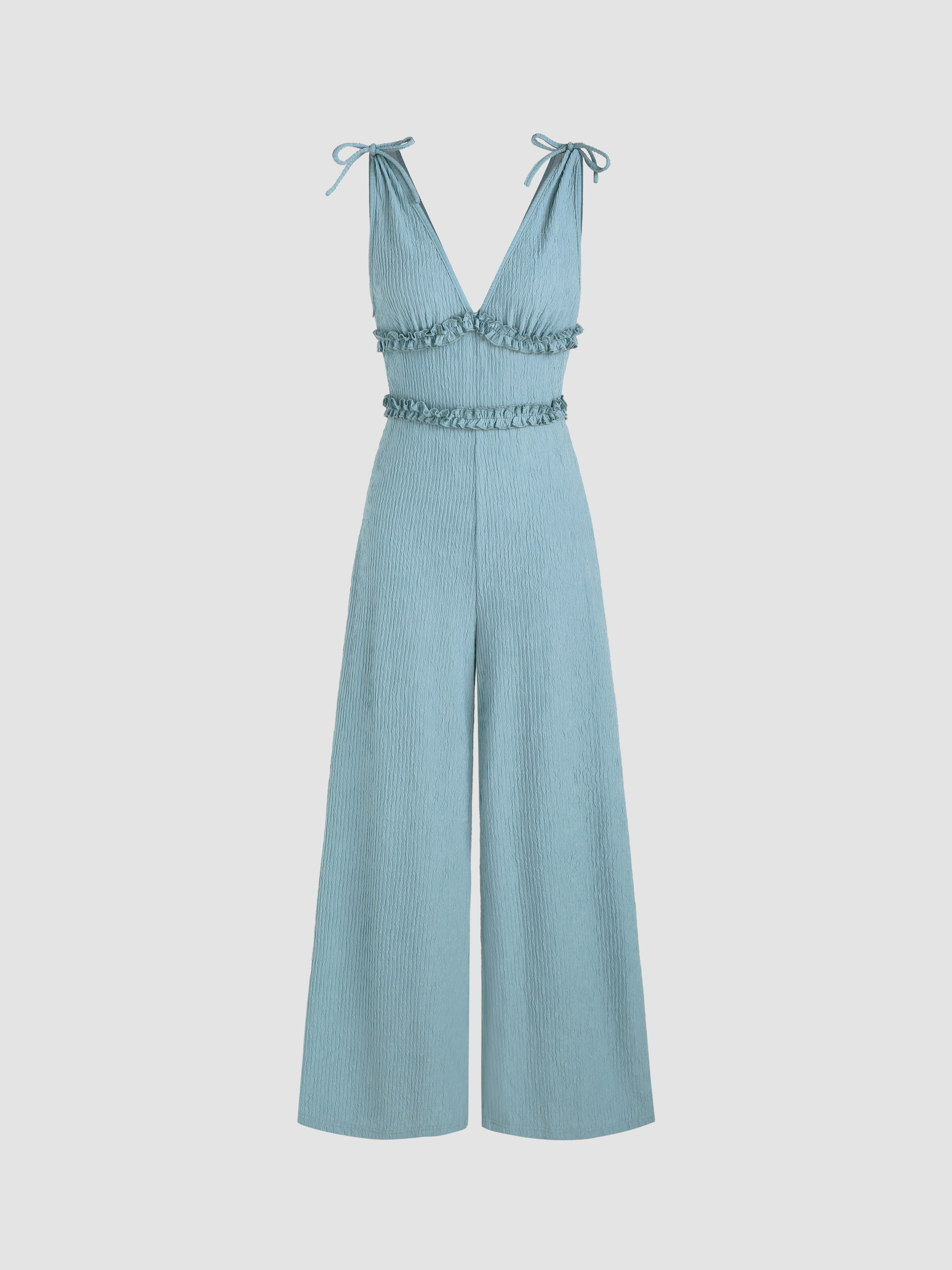 Vneck Solid Texture Ruffle Trim Jumpsuit Cider