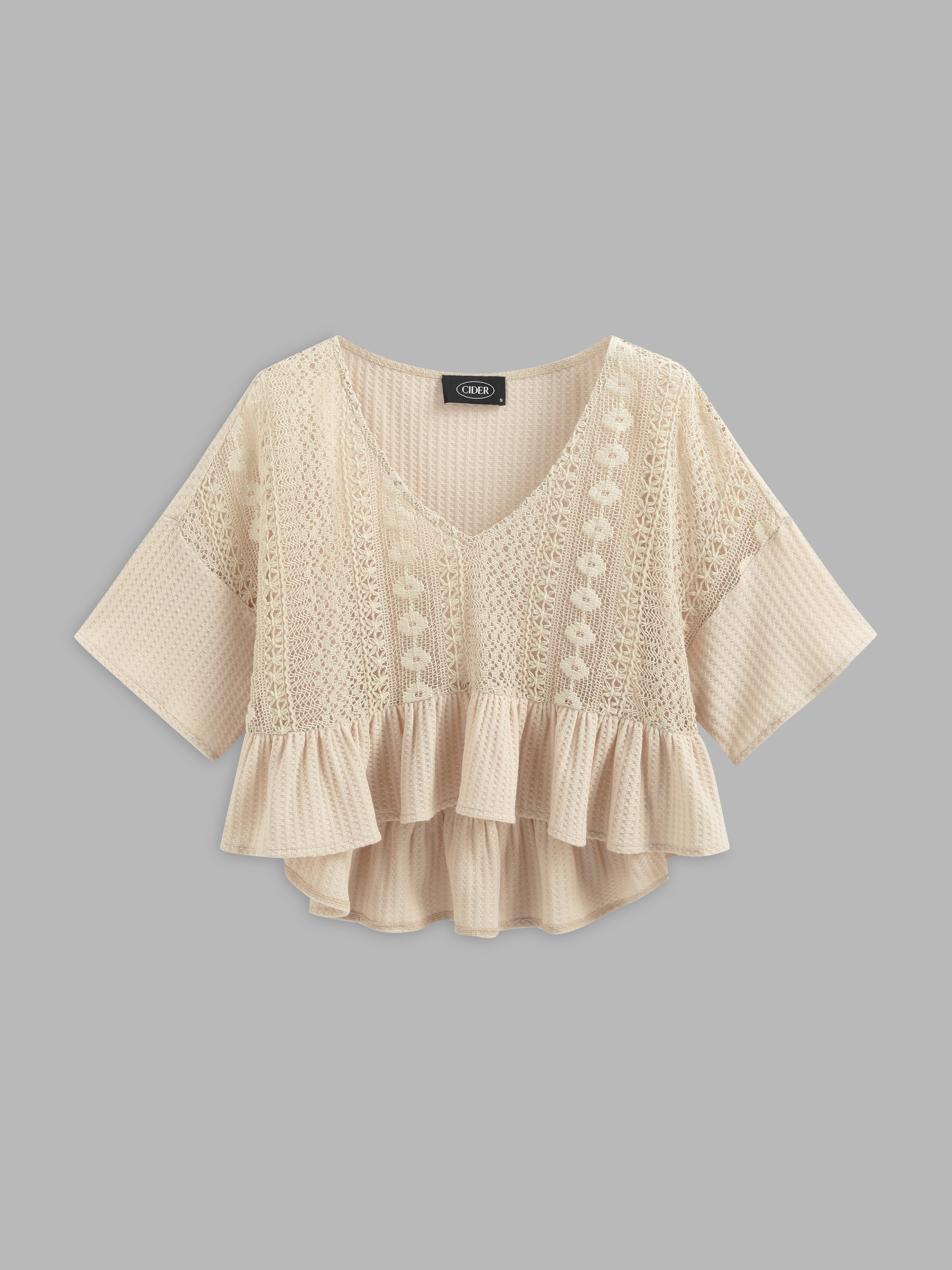 Knit Fabric Hollow Out Ruffle Hem Short Sleeve Top For Daily Knit Fabric Hollow Out Ruffle Hem Short Sleeve Top For Daily