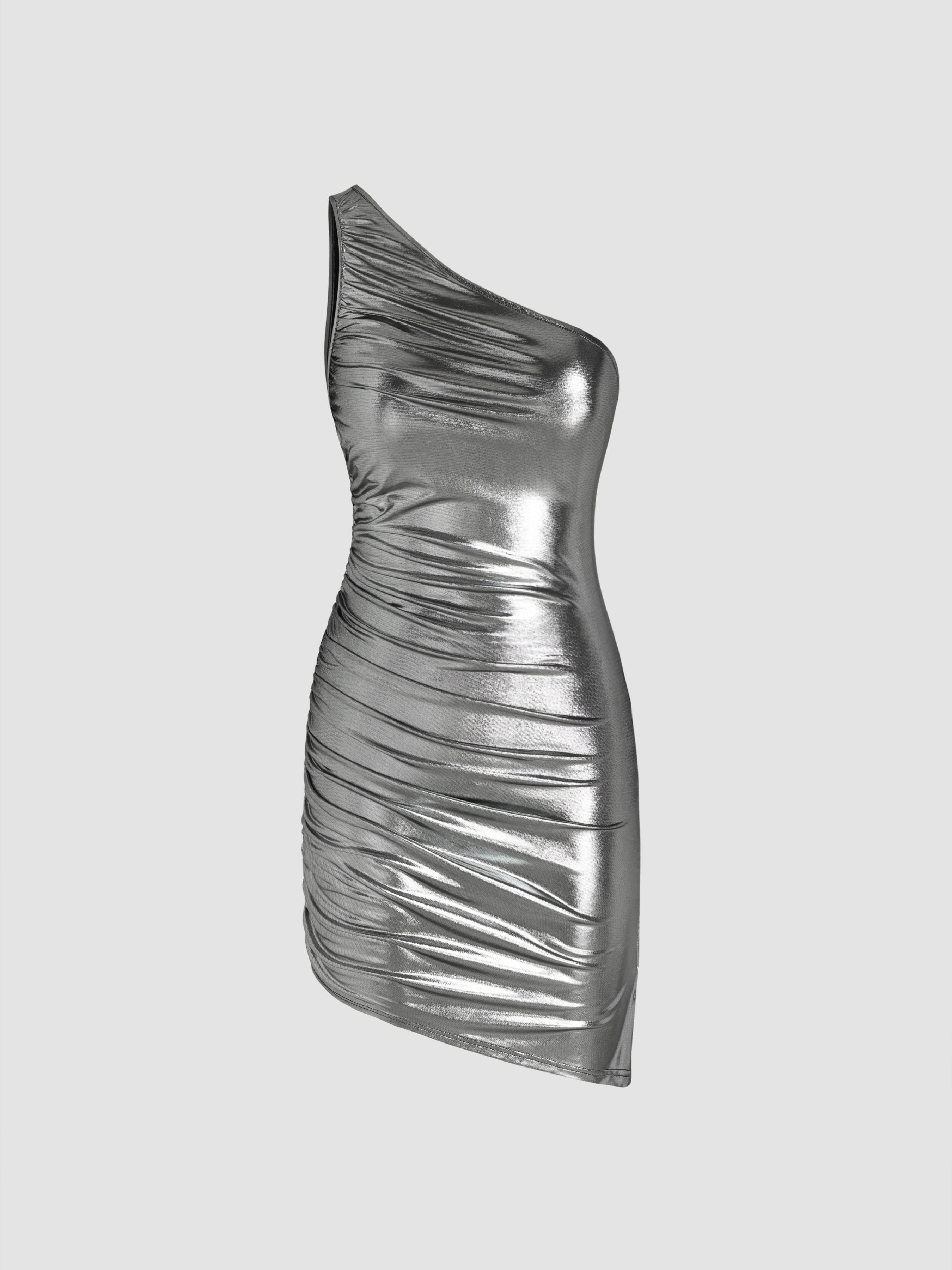 Asymmetrical Hem Glitter Ruched Drawstring Short Dress - Cider