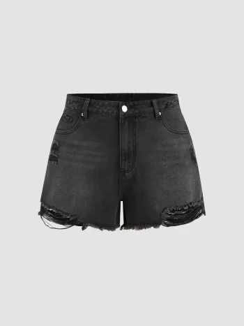 Tassels Ripped Pocket Jean Shorts Curve & Plus